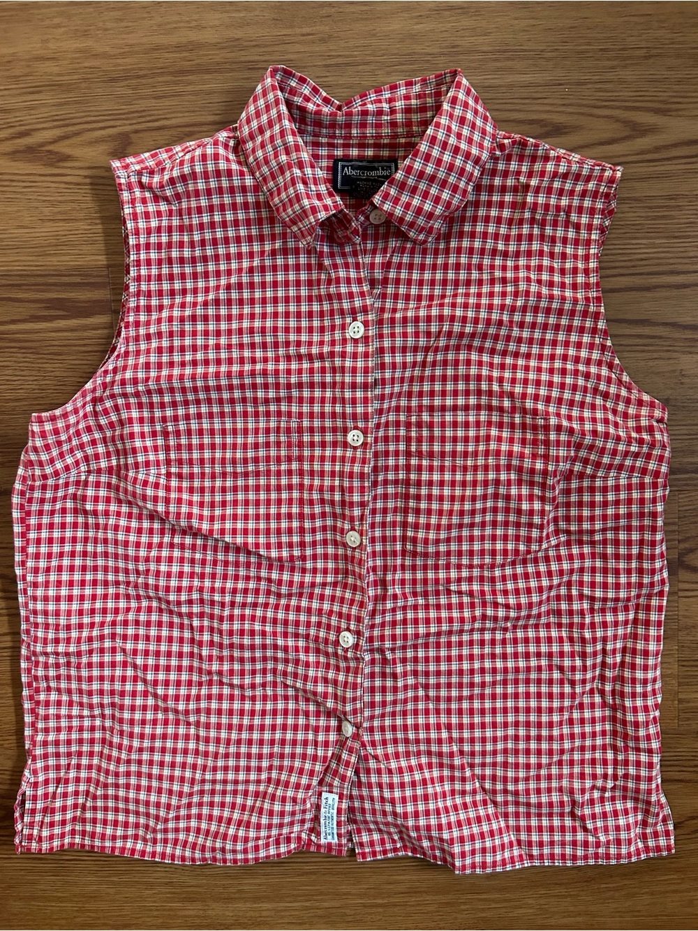90s Abercrombie & Fitch Red and White Gingham Sleeveless Button-Down Shirt